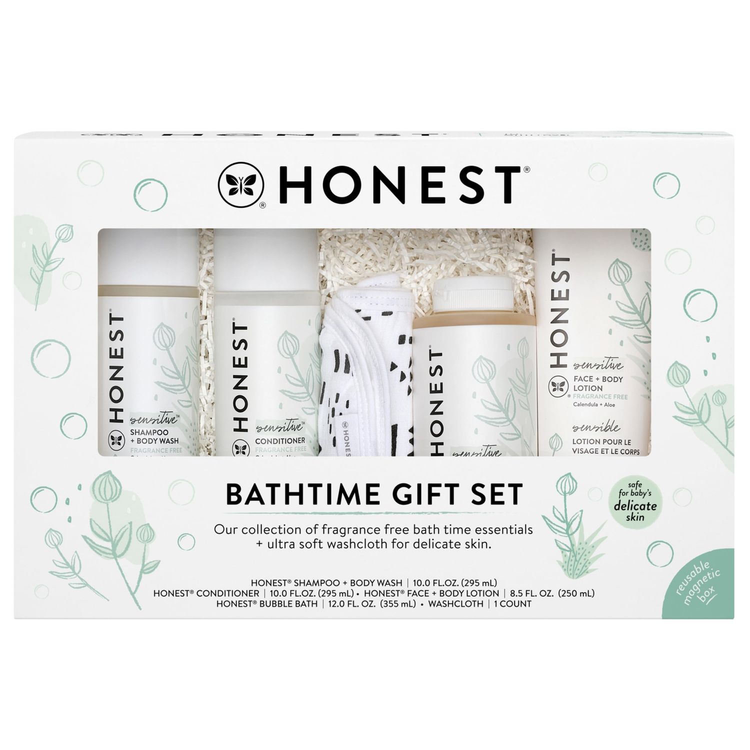 The Honest Company Fragrance Free Bathtime Gift Set Hypoallergenic Bath Essentials for Sensitive Skin Shampoo Body Wash, Face Body Lotion, Bubble Bath, Conditioner, Wash Cloth