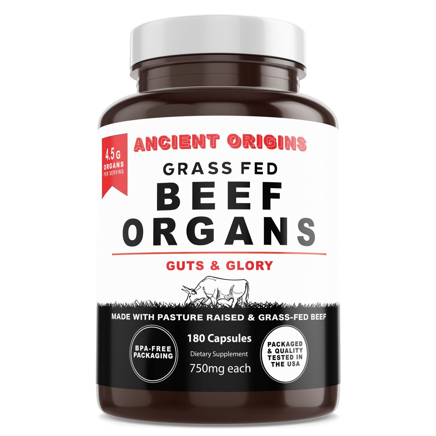 Ancient Origins Grass Fed Beef Organs Supplement 4500mg - Desiccated Liver, Bone Marrow, Heart, Spleen, Pancreas &amp; Kidney, Non-GMO, Gluten Free, Undefatted 180 Capsules, 750mg Each