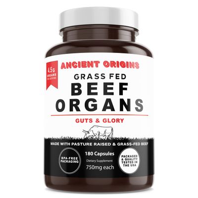 Ancient Origins Grass Fed Beef Organs Supplement 4500mg - Desiccated Liver, Bone Marrow, Heart, Spleen, Pancreas &amp; Kidney, Non-GMO, Gluten Free, Undefatted 180 Capsules, 750mg Each