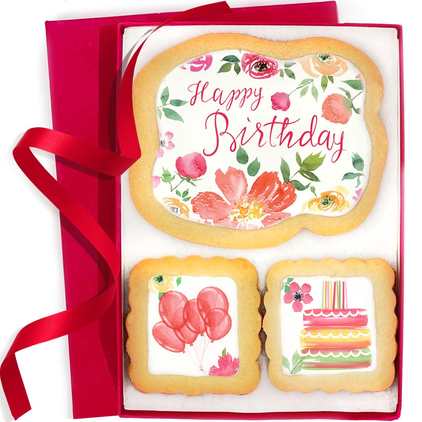 Happy Birthday Cookies Gift Basket For Women and Girls Her Decorated Sugar Cookie Gift Box Floral Nut Free 3 Pack Kosher