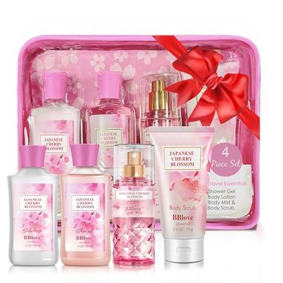 Bath and Body Gift Set for Women &amp; Girls, Japanese Cherry Blossom, 4PCS Set for-Shower Gel, Body Lotion, Body Mist, Exfoliating Scrub, Body Care Travel Set for Birthday Mother&#39;s Day Gifts