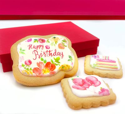 Happy Birthday Cookies Gift Basket For Women and Girls Her Decorated Sugar Cookie Gift Box Floral Nut Free 3 Pack Kosher