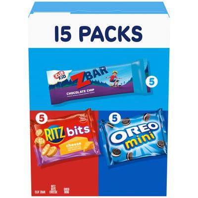 Zbar Chocolate Chip Snack Bars, RITZ Bits Crackers &amp; OREO Mini Cookies, On the Go Snacks Variety Pack, 15 Snack Packs