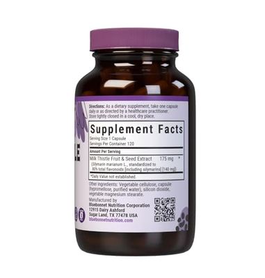 BlueBonnet Nutrition Milk Thistle Fruit & Seed Extract, Liver Health, Non-GMO, Vegan, Kosher Certified, Gluten-Free, Soy-Free, 120 Vegetable Capsules, 120 Servings