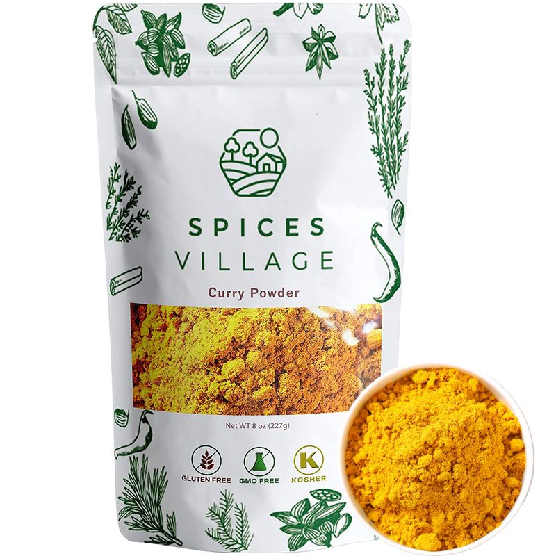 SPICES VILLAGE Yellow Indian Curry Powder, Curry Spice for Cooking, 8 oz, Natural Medium Madras Curry Mix, Kosher, Gluten Free, Non GMO, Salt Free, Resealable Bulk Bag