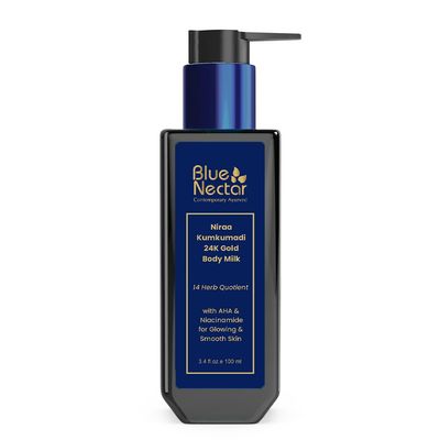 Blue Nectar 24K Carat Gold Body Milk for Women &amp; Men Body Lotion with Plant Based AHA &amp; Niacinamide Moisturizer for Body All Skin Types 14 Herbs, 3.38 Fl Oz
