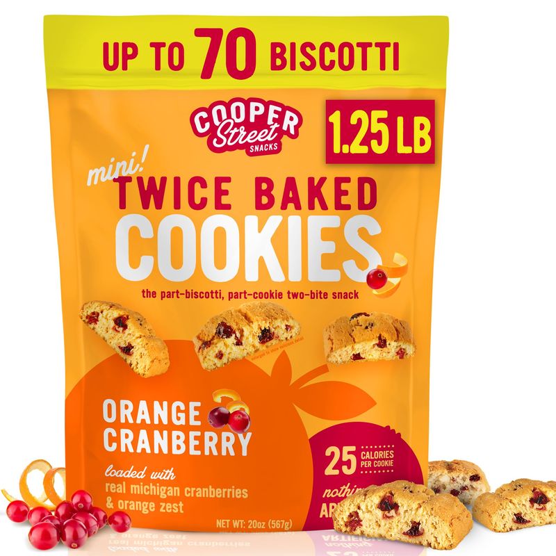 Cooper Street Twice Baked Orange Cranberry Biscotti Cookies - 1.25 Lb - Light and Crispy Coffee Cookie Bites - Low Calorie Italian Snacks for Adults &amp; Kids - Kosher, Dairy, Peanut &amp; Soy Free