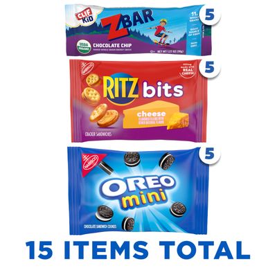 Zbar Chocolate Chip Snack Bars, RITZ Bits Crackers &amp; OREO Mini Cookies, On the Go Snacks Variety Pack, 15 Snack Packs