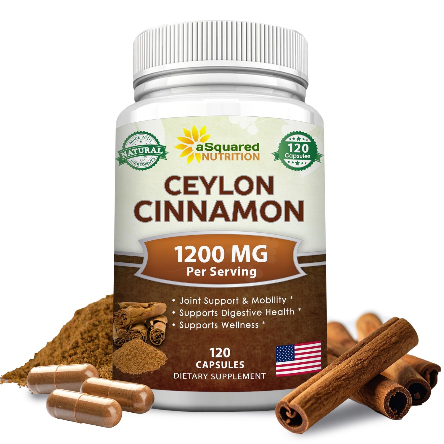 Natural Ceylon Cinnamon 1200mg - 120 Capsules, True Cinnamon from Sri Lanka, Extract Supplement Pills Promotes Heart Health