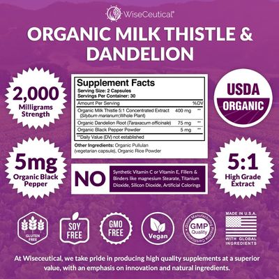 Max Absorption USDA Organic Milk Thistle Potent 5:1 Concentrated Extract 2000mg Strength &amp; Organic Dandelion Root Silymarin Antioxidant Flavonoid Liver Support Supplement 60 Count Pack of 1