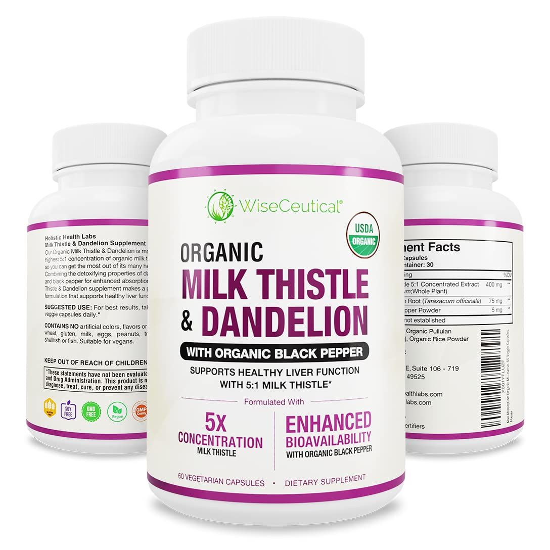 Max Absorption USDA Organic Milk Thistle Potent 5:1 Concentrated Extract 2000mg Strength &amp; Organic Dandelion Root Silymarin Antioxidant Flavonoid Liver Support Supplement 60 Count Pack of 1