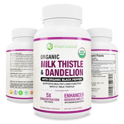 Max Absorption USDA Organic Milk Thistle Potent 5:1 Concentrated Extract 2000mg Strength &amp; Organic Dandelion Root Silymarin Antioxidant Flavonoid Liver Support Supplement 60 Count Pack of 1