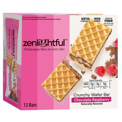 Zenlightful Chocolate Raspberry Keto Bars, Low Carb 2 net carbs, Low Sugar 2g, High Fiber, Non-GMO, Vegetarian, Healthy Snacks, Crunchy Wafer Cookies, Sensibly Sweet, Rich Creamy Filling, 12 Count