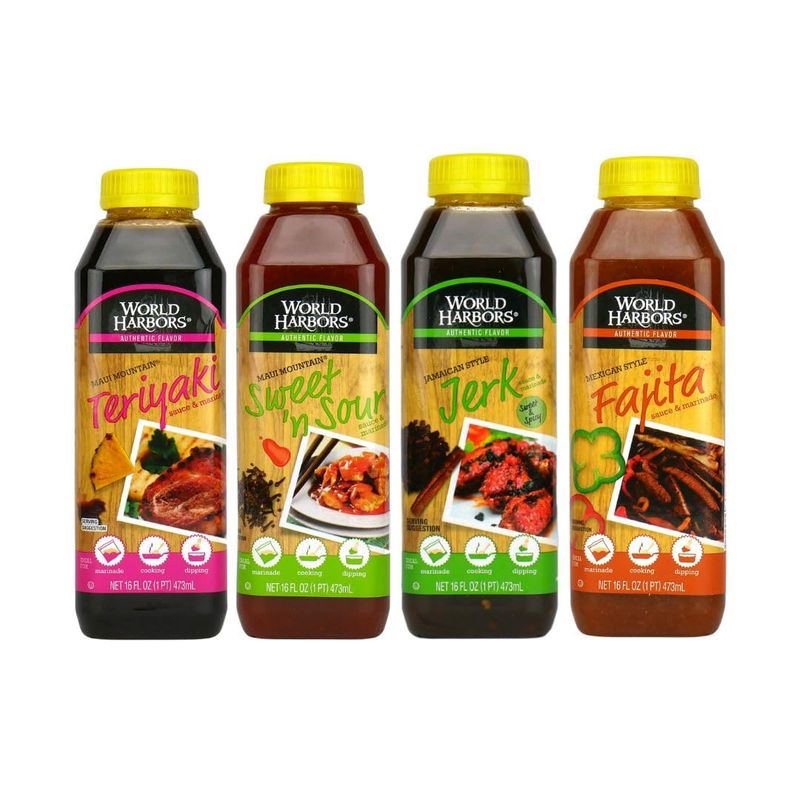 Bundle - 4 Items: World Harbors Marinade Sauces - Mexican Style Fajita, Maui Mountain Teriyaki, Jamaican Style Jerk, Maui Mountain Sweet &#39;n Sour