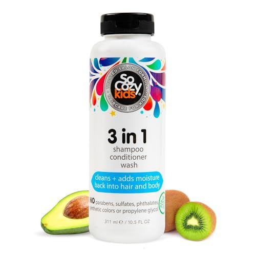 SoCozy 3-in-1 Kids Shampoo Conditioner Body Wash 10.5 Fl Oz Gentle, Hydrating Hair &amp; Body Cleanser with Keratin, Vitamin B5, &amp; Kiwi Extract, Paraben &amp; Sulfate-Free