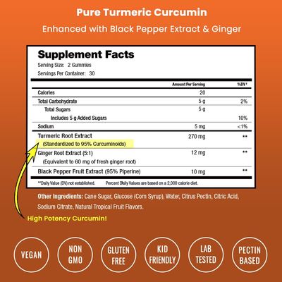 NutraChamps Turmeric Gummies for Adults & Kids with Ginger & Black Pepper Extract, 95 Curcuminoids, Vegan Natural Curcumin Joint Support Supplement, Tumeric Gummy Supplements