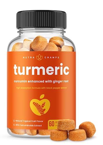 NutraChamps Turmeric Gummies for Adults &amp; Kids with Ginger &amp; Black Pepper Extract, 95 Curcuminoids, Vegan Natural Curcumin Joint Support Supplement, Tumeric Gummy Supplements