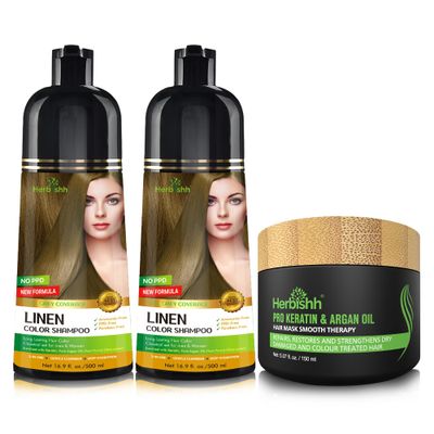 Combo Pack - Herbishh Hair Color Shampoo for Gray Hair Argan Intense Hair Mask - Long-Lasting Color in Minutes - Stimulates Dry, Frizzy Hair - 500 Ml Linen