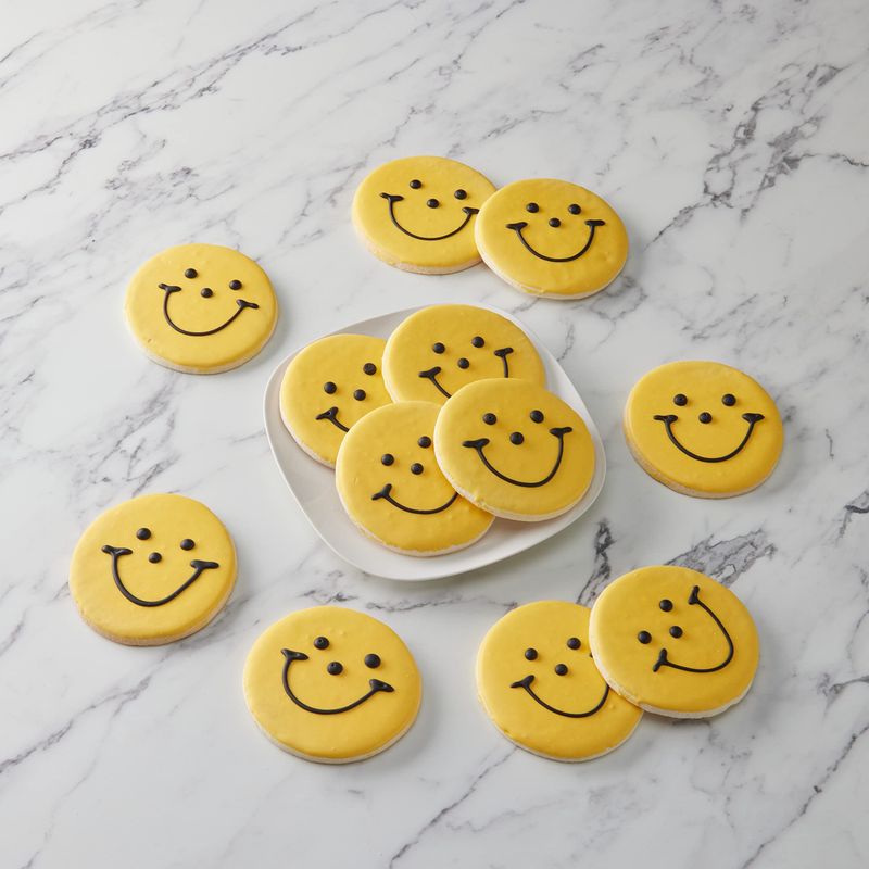 Dozen Nut Free Individually Wrapped Black &amp; Gold Smiley Cookies