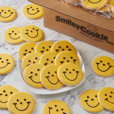 Dozen Nut Free Individually Wrapped Black &amp; Gold Smiley Cookies