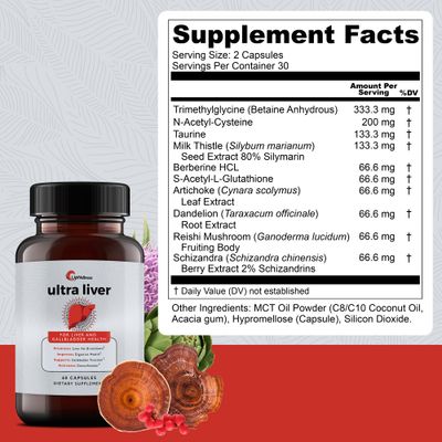 UpWellness Ultra Liver Supplement for Liver Health and Gallbladder Support - Powered by TMG, NAC Milk Thistle, and More - 60 Capsules