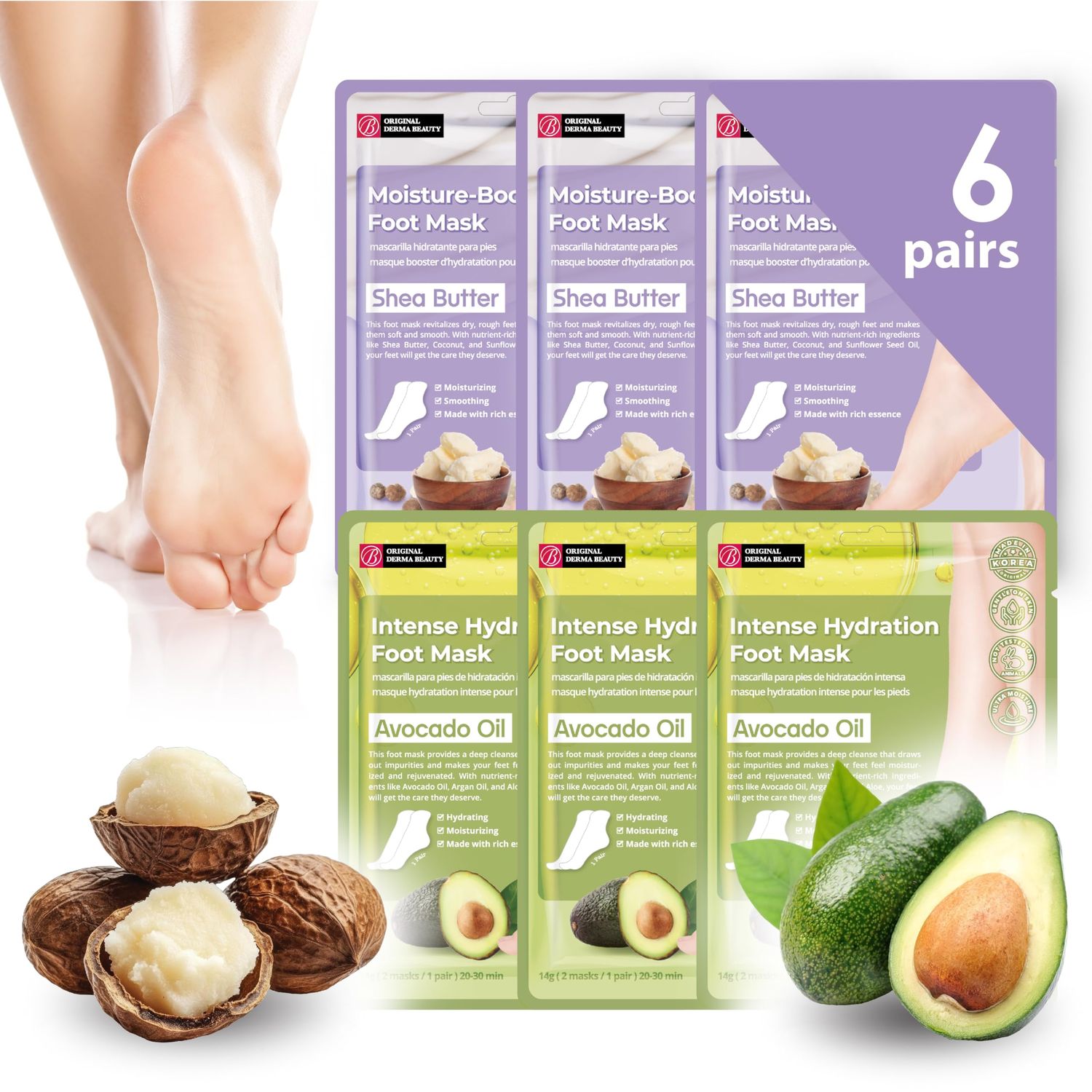 Innerest Original Derma Beauty Foot Mask 6 Pairs Shea Butter Avocado Moisturizing Foot Mask Body Exfoliator Callus Remover Foot Bath Pedicure Supplies