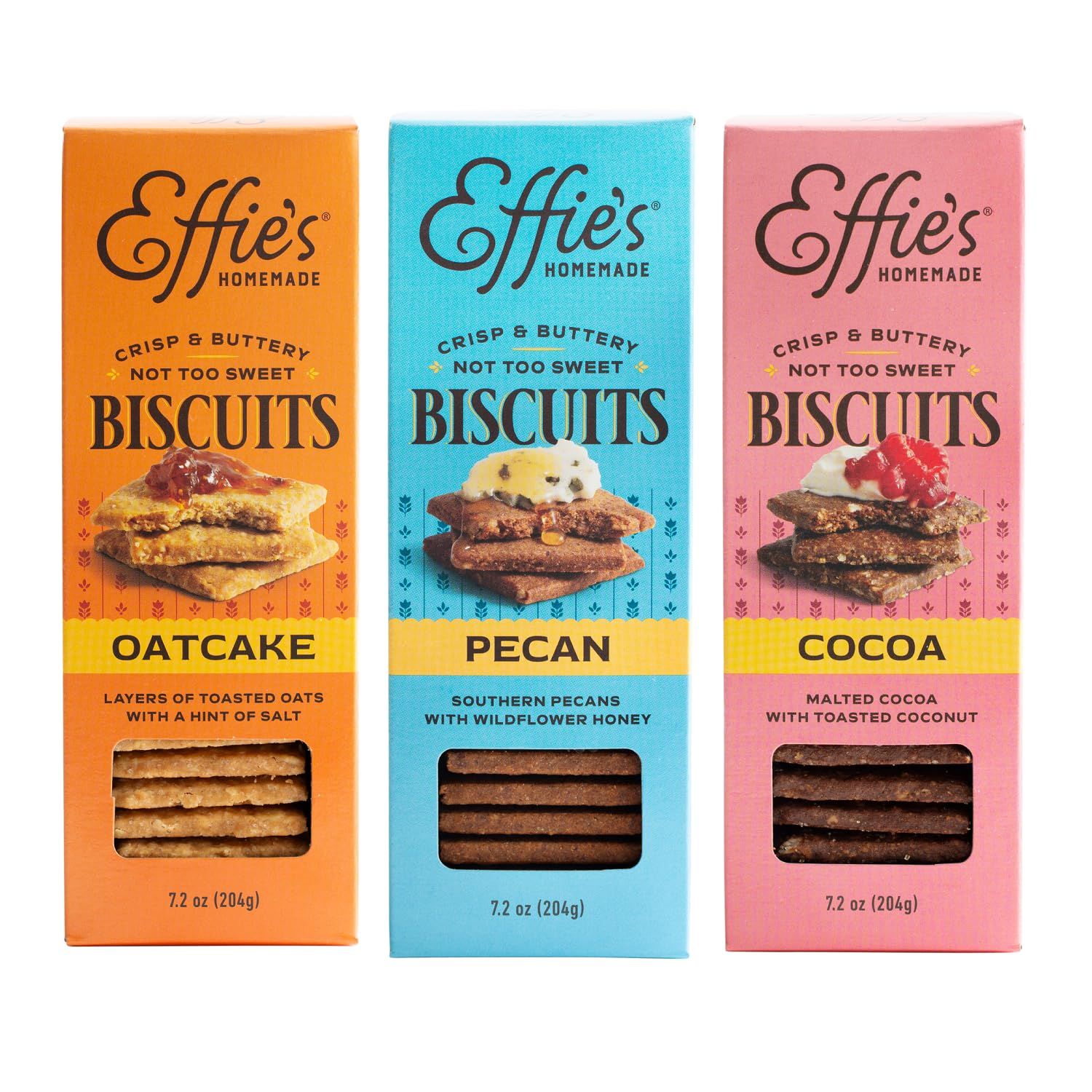 Effie&#39;s Homemade Biscuits - Variety Pack - Oatcakes, Pecan, Cocoa - 3 Pack