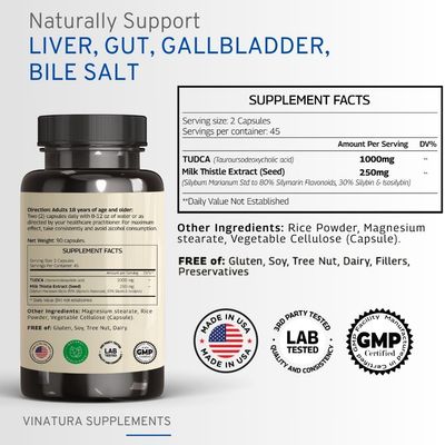 VINATURA TUDCA Milk Thistle 1250mg - Tudca 1000mg, Tudca Bile Salts, Liver Support, Gallbladder Supplements USA Made and Tested, Tudca Supplement, Bile Salts Supplement - 90 Capsules 45 Servings