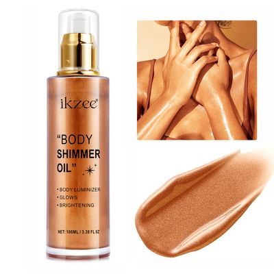 Body Shimmer Oil 100ml, Long Lasting Moisturizing Face &amp; Body Luminizer, Waterproof Liquid Illuminator, Shimmer Glitter Oil Highlighter 04 Golden Brown