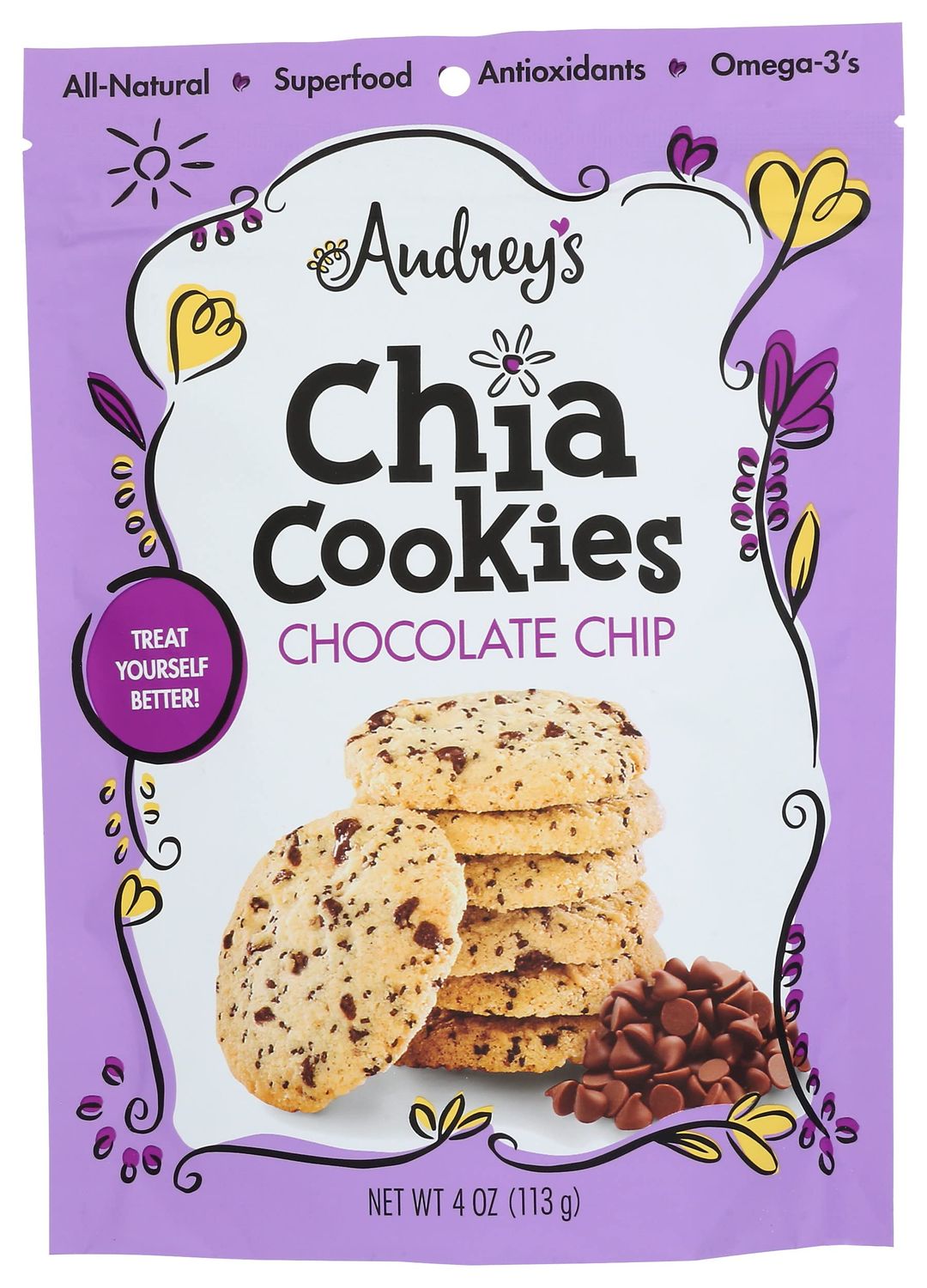 Audrey&#39;s Chia Cookies, Chocolate Chip, All-Natural, Superfood, Antioxidants, Omega 3&#39;s, 4 Ounce Pack of 6