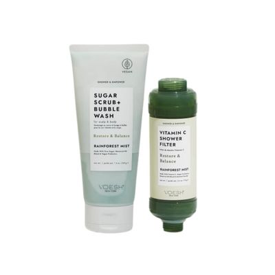 VOESH Shower &amp; Empower Duo, Vitamin C Shower Filter, Exfoliating Sugar Scrub, Body Wash, Clean Shower Care Set, Vegan Skincare, Spa Gift, Clean Beauty