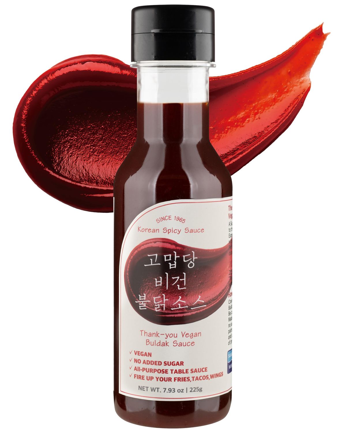 Thank-you Vegan Buldak Sauce - Lower Sugar Korean Hot Sauce for Health-Conscious Spicy Food Lovers - Hot Dipping Sauce K-Food - with Tacos, Wings, Fries, Pizza, 9.17 fl.oz.