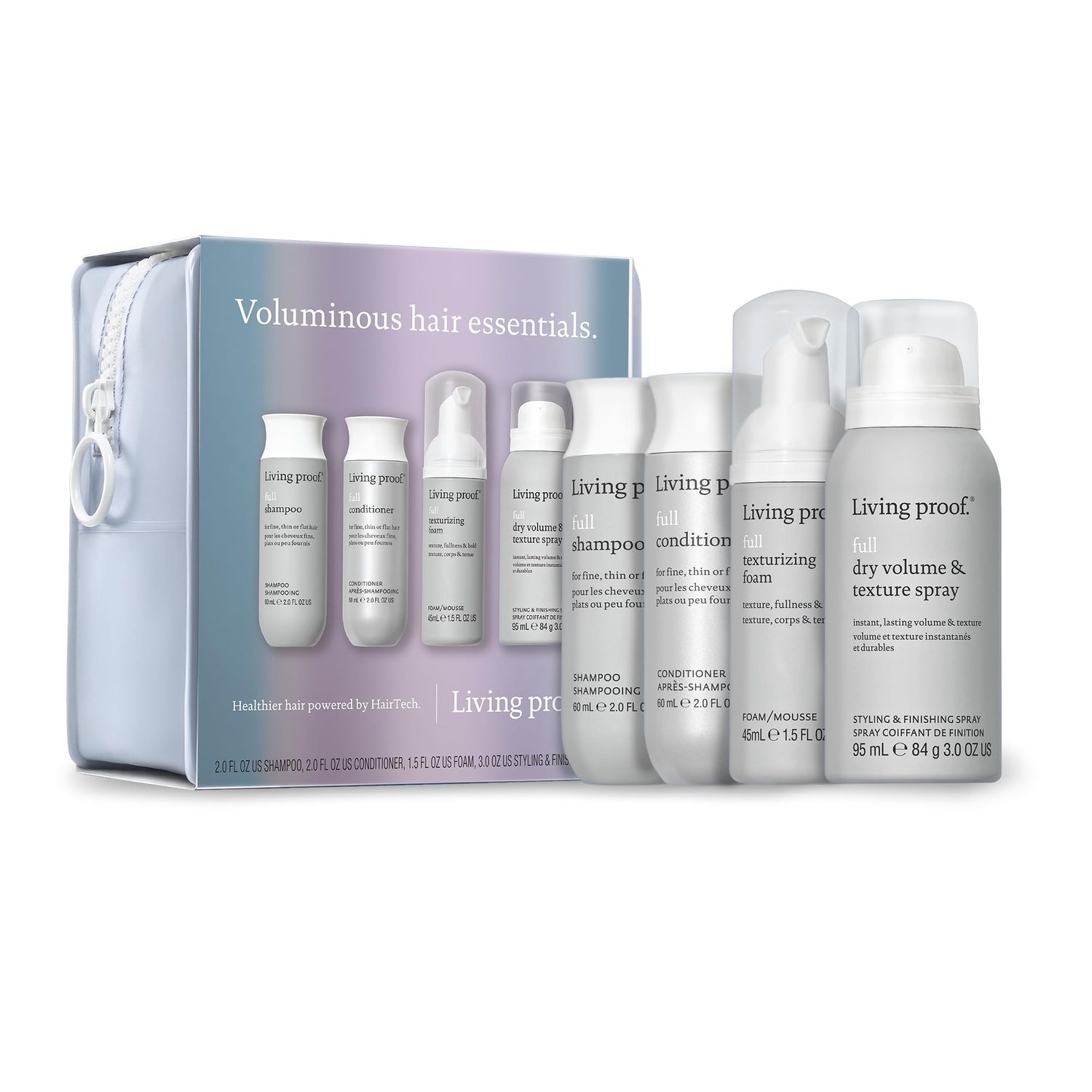 Living Proof Voluminous Hair Essentials Kit - Travel Size Full Shampoo, Conditioner, Texture Foam and Dry Volume &amp; Texture Spray 76 value
