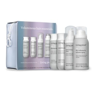 Living Proof Voluminous Hair Essentials Kit - Travel Size Full Shampoo, Conditioner, Texture Foam and Dry Volume &amp; Texture Spray 76 value