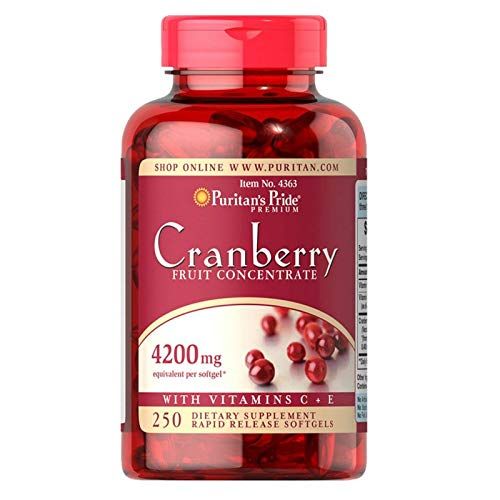 Puritan&#39;s Pride Premium Cranberry Fruit Concentrate 84 mg 4200 mg equivalent with Vitamins C and E, Dietary Supplement for Immune System Support, 4 Month Supply, 250 Rapid Release Softgels