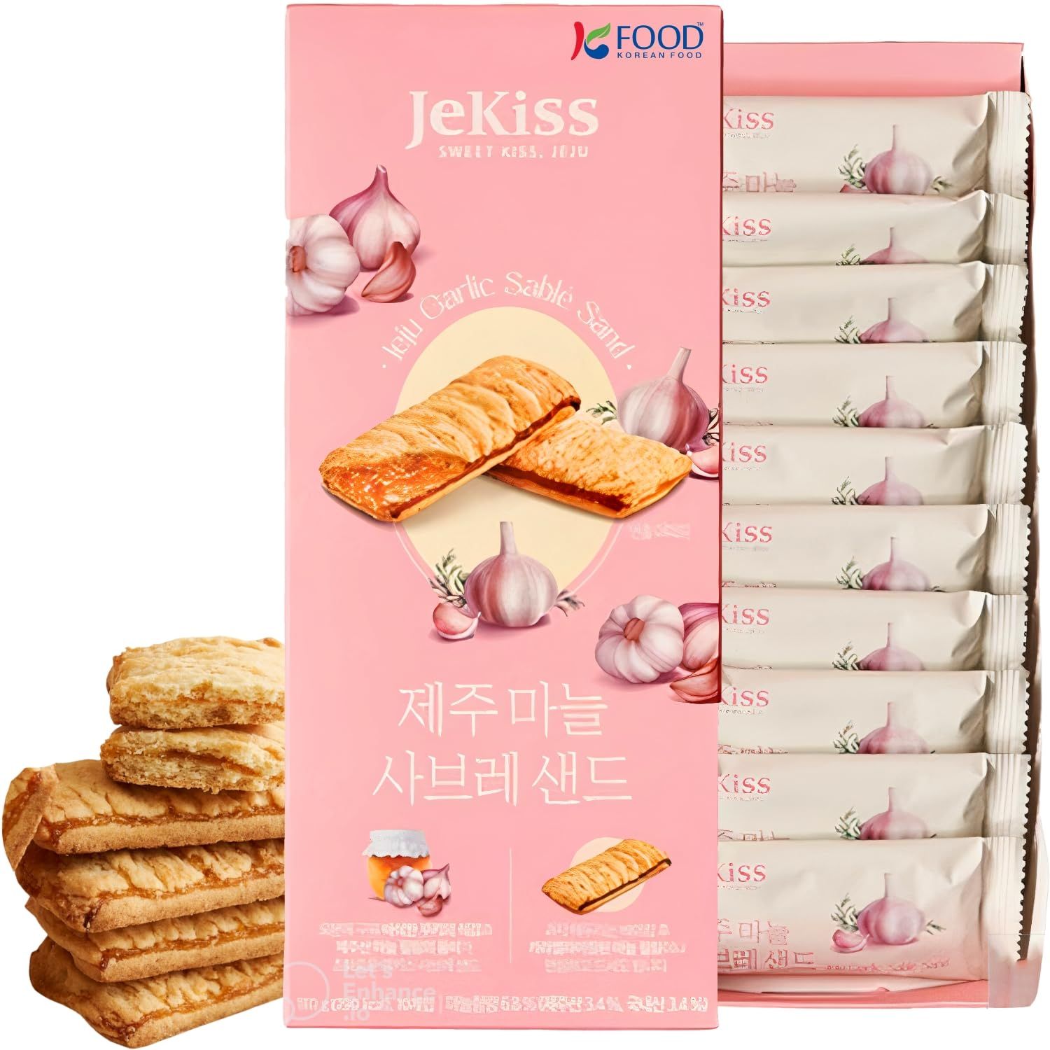Korean Food Jeju Garlic Sable Sand Cookies - Crunchy Butter Biscuit with Jeju Garlic Cream, 10 Individually Wrapped Pieces, Perfect for Gifting 180g