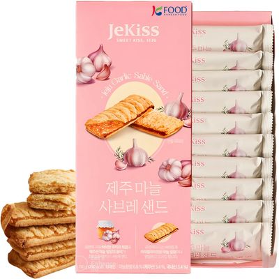 Korean Food Jeju Garlic Sable Sand Cookies - Crunchy Butter Biscuit with Jeju Garlic Cream, 10 Individually Wrapped Pieces, Perfect for Gifting 180g