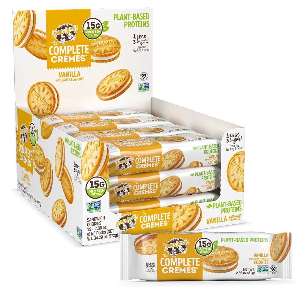 Lenny &amp; Larry&#39;s The Complete Cremes, Sandwich Cookies, Vanilla, Vegan, 5g Plant Protein, 6 Cookies Per Pack Box of 12