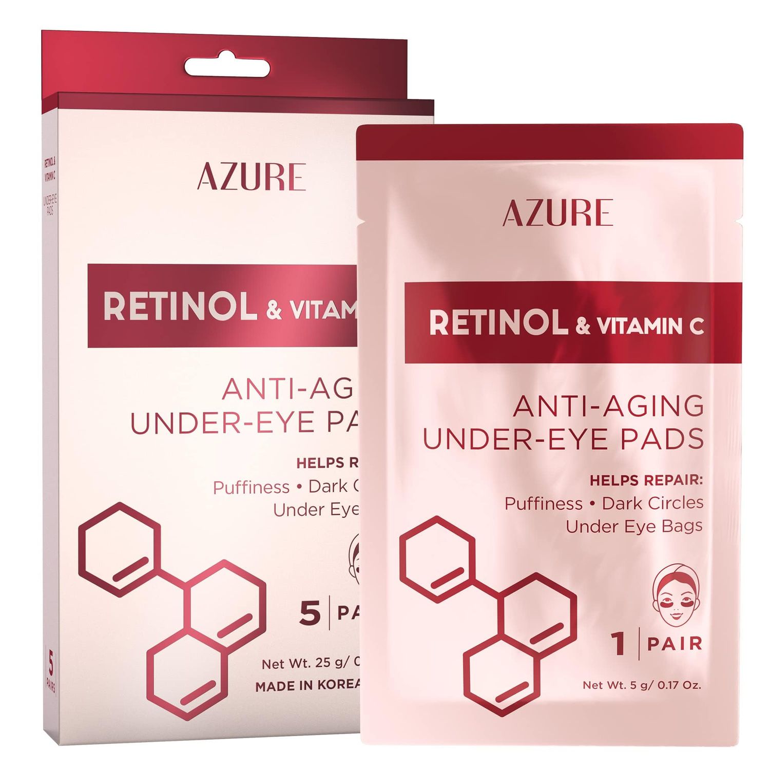 Azure Cosmetics Retinol &amp; Vitamin C Anti Aging Under Eye Pads - Hydrating &amp; Refreshing Eye Mask Patches - Reduces Fine Lines, Wrinkles, Dark Circles &amp; Puffiness - Skin Care Made in Korea - 5 Pairs