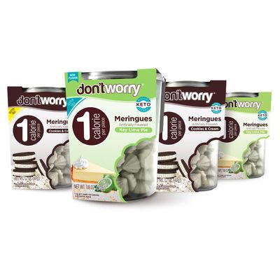 Don&#39;t Worry Low Calorie Meringue Cookies - 4 Pack - Key Lime Pie and Cookies&amp;Cream, Just 1 Calorie per Piece Low Sugar Candy, Gluten Free, Protein Snack Keto Friendly and Healthy Snacks for Adults