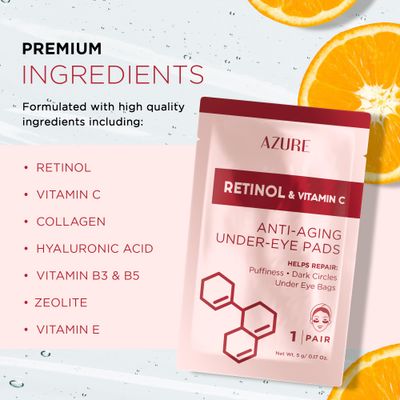 Azure Cosmetics Retinol &amp; Vitamin C Anti Aging Under Eye Pads - Hydrating &amp; Refreshing Eye Mask Patches - Reduces Fine Lines, Wrinkles, Dark Circles &amp; Puffiness - Skin Care Made in Korea - 5 Pairs