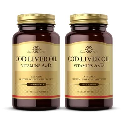 SOLGAR Cod Liver Oil - 250 Softgels, Pack of 2 - Provides Vitamins A &amp; D - Non-GMO, Gluten Free - 500 Total Servings