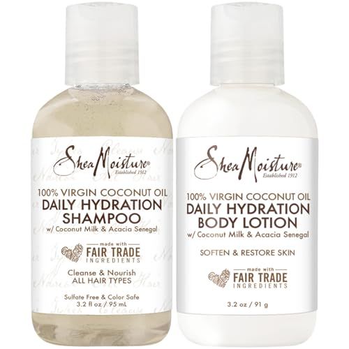 SheaMoisture Travel Essentials, Shampoo &amp; Body Lotion, Daily Hydration Formulas with Coconut Milk &amp; Acacia Senegal in Travel-Size Mini Bottles, 3.2 Oz Ea