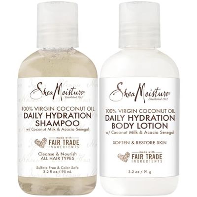 SheaMoisture Travel Essentials, Shampoo &amp; Body Lotion, Daily Hydration Formulas with Coconut Milk &amp; Acacia Senegal in Travel-Size Mini Bottles, 3.2 Oz Ea