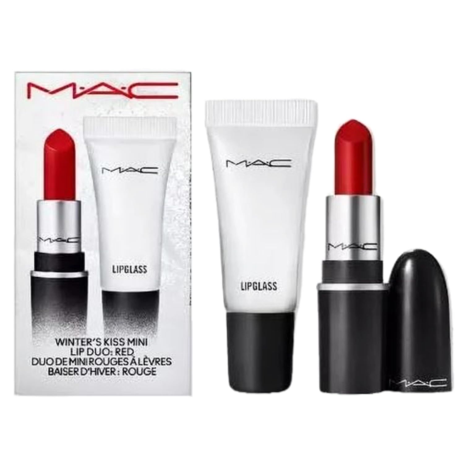 MAC Cosmetics Limited Edition Winter&#39;s Kiss Mini Lip Duo - Red Retro Matte Lipstick Ruby Woo and Lipglass Clear