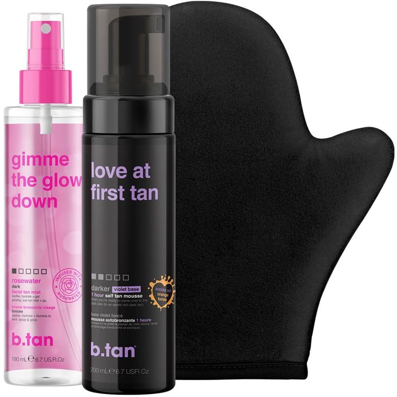 b.tan Violet Self Tan Foam &amp; Face Mist Kit Lovers Bundle - Dark Sunless Tanning Mousse, Bronzing Glow Gradual Facial Body Spray, Mitt Applicator, 1 Hour Express, No Fake Tanner Smell, 6.7 Fl Oz