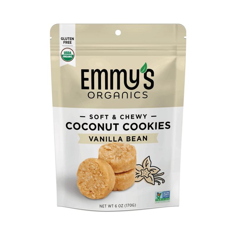 Emmy's Organics Coconut Cookies, Vanilla Bean, 6 oz Pack of 8 Gluten-Free Organic Cookies, Vegan, Paleo-Friendly