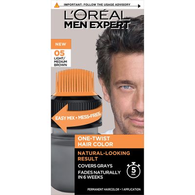 LOreal Paris Men Expert One Twist Mess Free Permanent Hair Color, Mens Hair Dye to Cover Grays, Easy Mix Ammonia Free Application, Light Medium Brown 05, 1 Application Kit