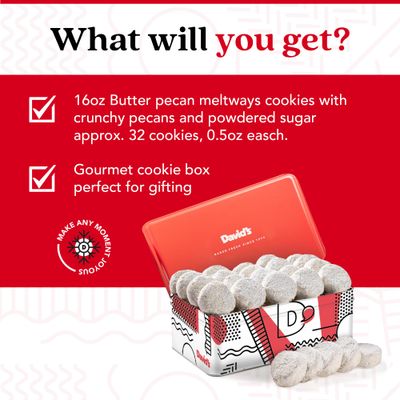 David's Cookies Butter Pecan Meltaways Sweet Sampler Tin - Butter Cookies with Crunchy Pecans, Soft, And Melt In Your Mouth Flavorful Cookies - Delicious Gourmet Food Gift For All Occasions 16oz