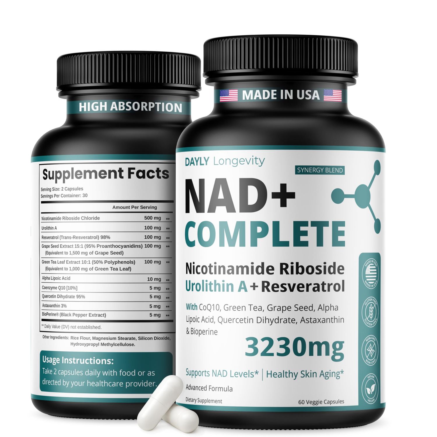 NAD Supplement 3230mg, NMN Alternative, NAD Resveratrol Supplement for Women &amp; Men, Nicotinamide Riboside NR with Urolithin A &amp; Green Tea, Anti-Aging, Energy, 60 Capsules Resveratrol NAD NAD Complete
